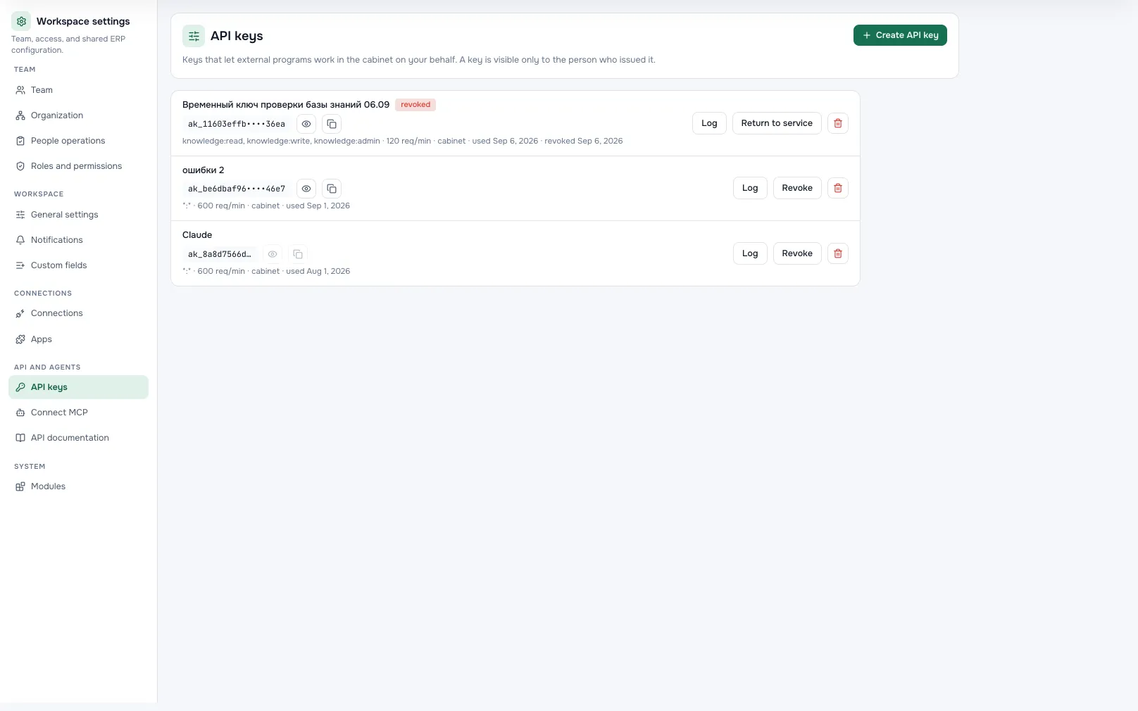 Service access keys: scopes, owner and issue date, with no secrets shown.