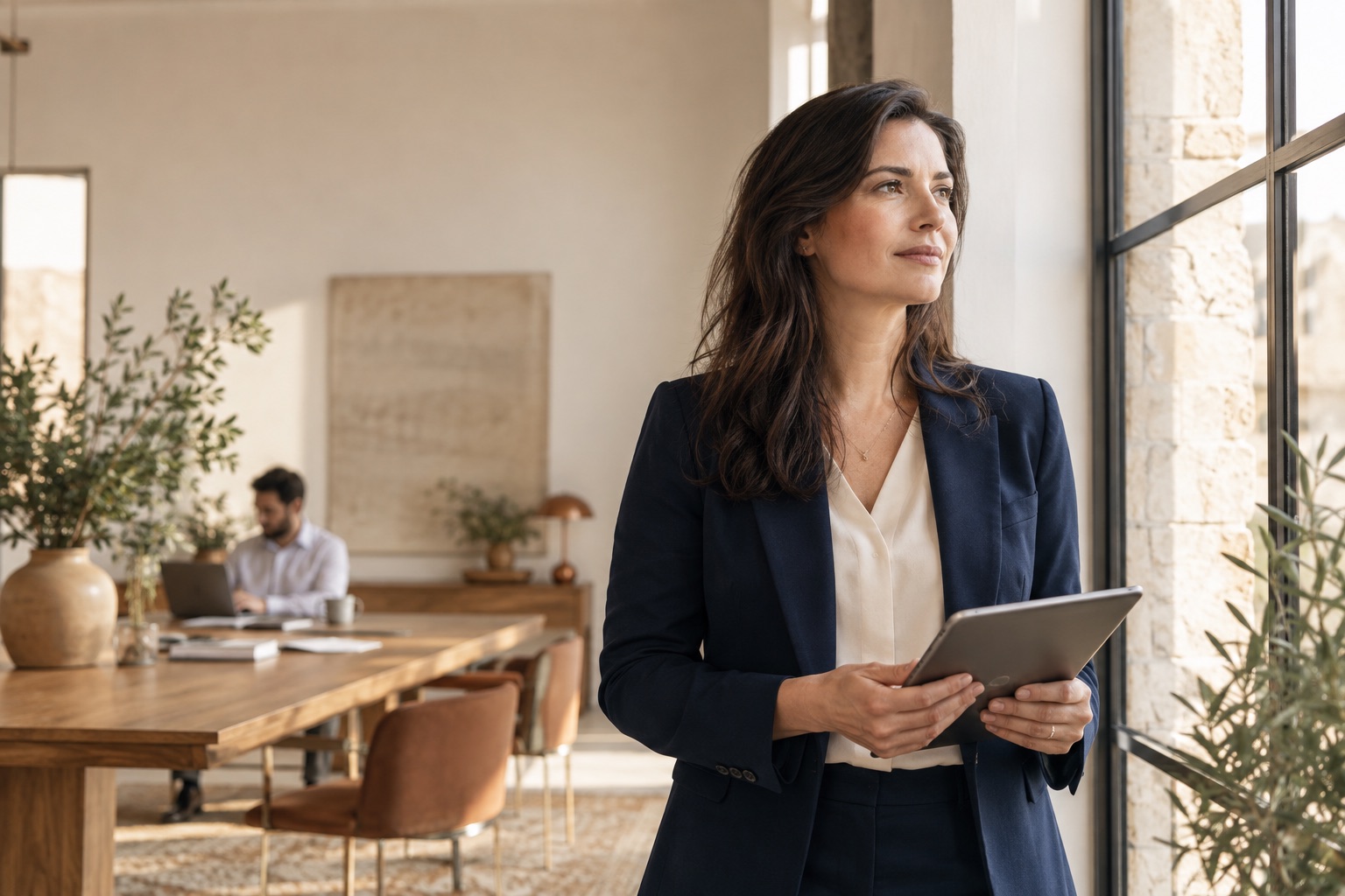 A manager working with a tablet by a window