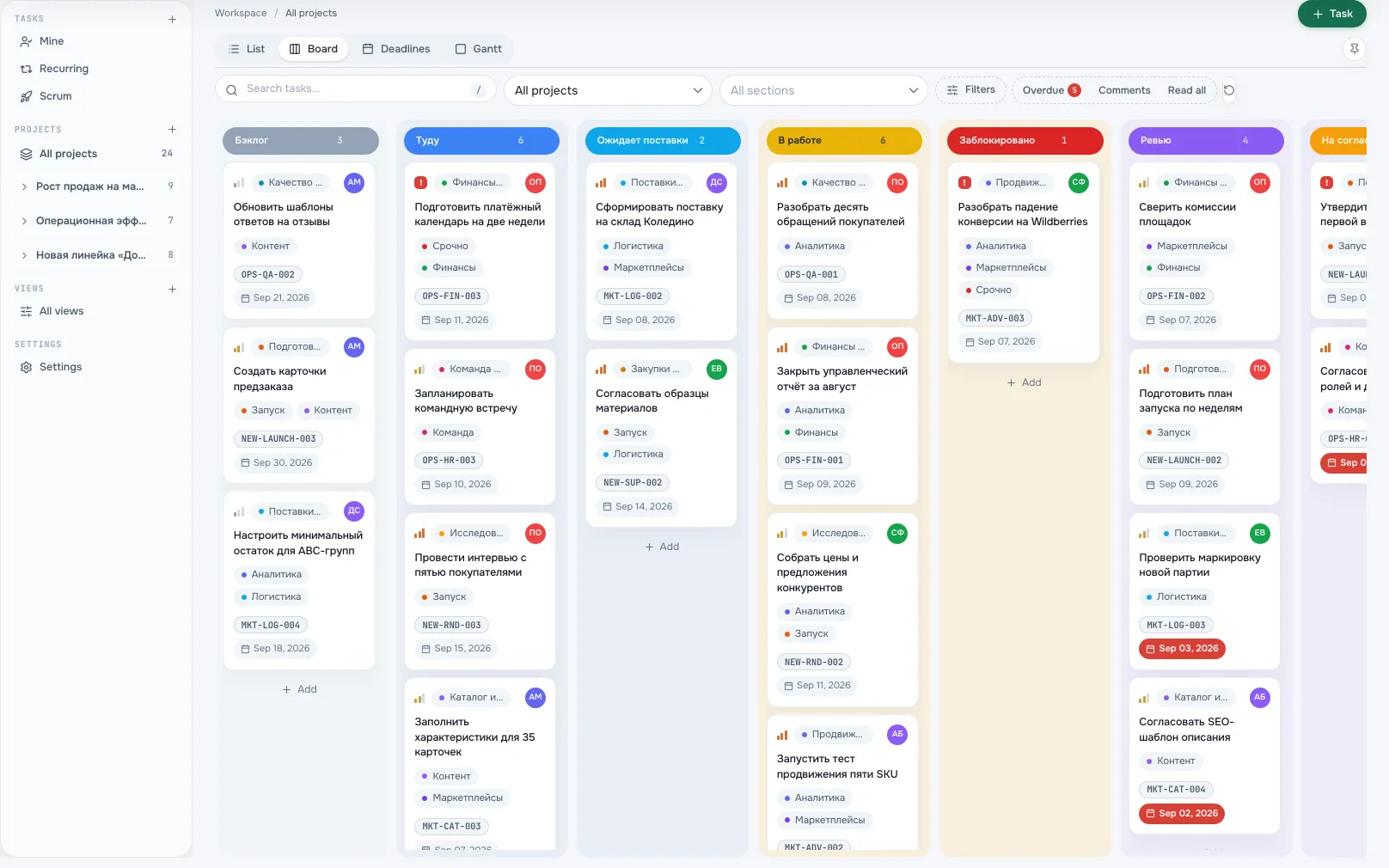 Task board with workflow columns, priorities and assignees.